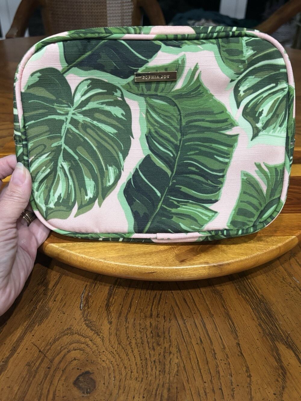 Sophia Joy Fabric Tropical Leaf Print Double Zip Makeup Bag, Green/Pink